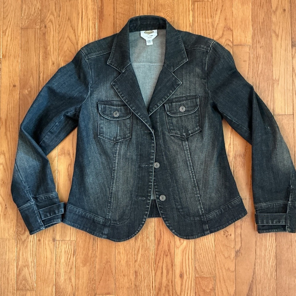 Y2K Talbots 10 Stretch Denim Blazer Jean Jacket Dark Wash Button Front Retro 90s